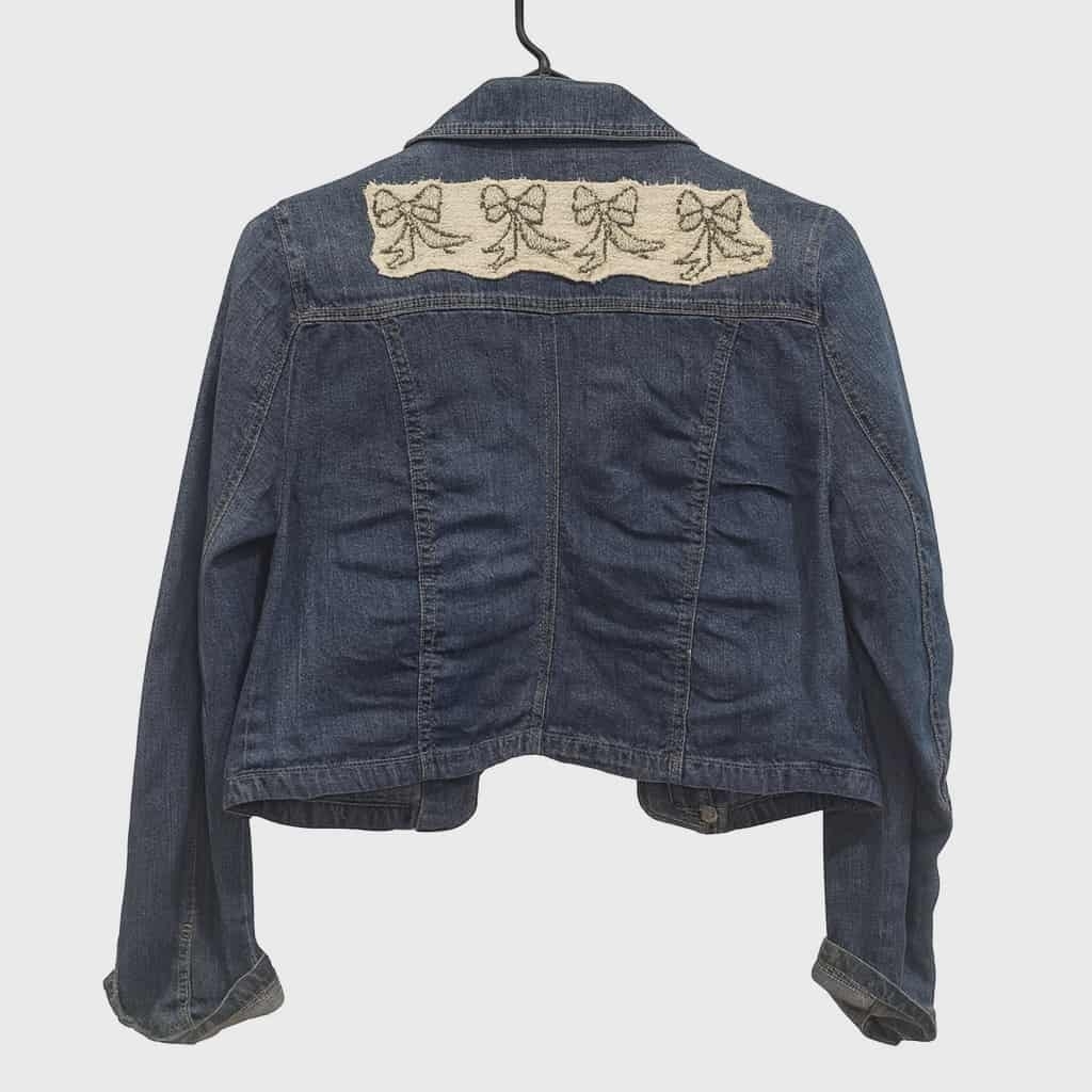 Handmade Upcycled Denim Jacket Bow Tapestry Blanket Accent